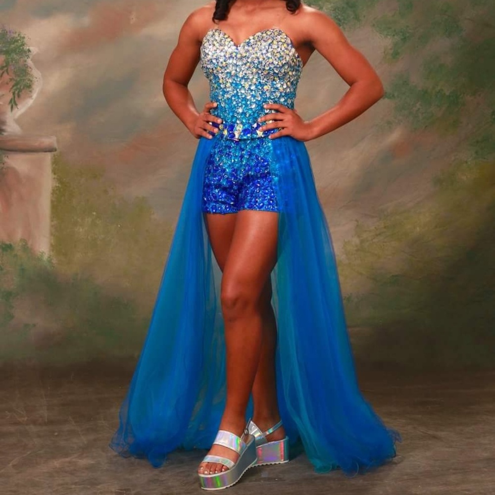 Rhinestone romper with detachable skirt